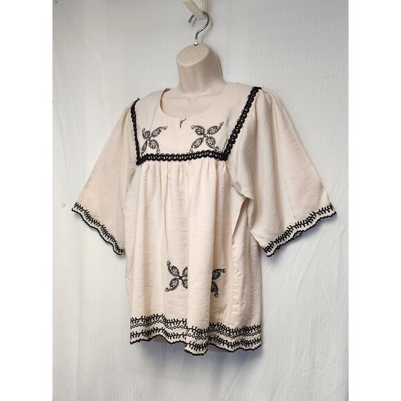 Ad:Hoc Le Collezioni Embroidered Square Neck Beige/Black 3/4 Sleeve Floral Sz L - Picture 3 of 9